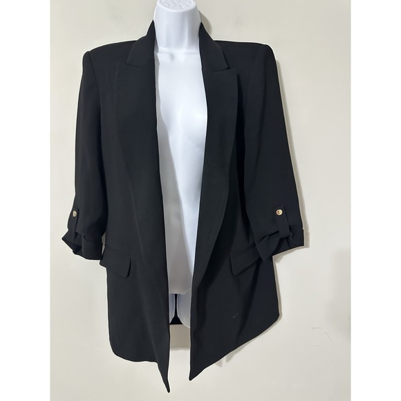 Zara Jackets & Blazers - Zara Black Open Front Blazer Jacket Padded Shoulder 3/4 Roll-Tab Sleeve Size S